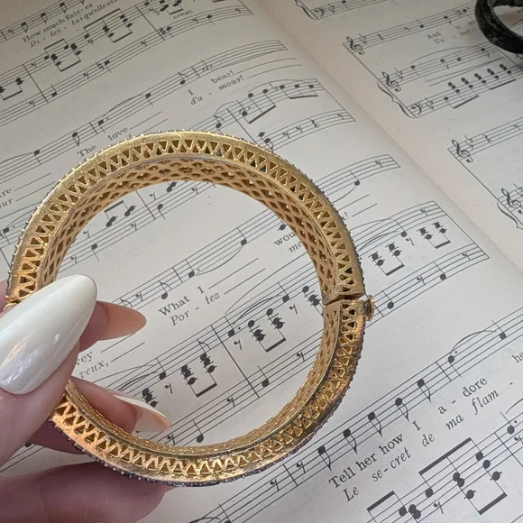 Gold-Tone Blue Sapphire Halo Bangle Bracelet - Picture 10 of 12